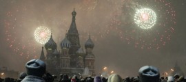 Fireworks explode over St. Basil Cathedral at Red Square during New Year's Day celebrations in Moscow